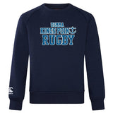 Experience ultimate comfort with the ultra-soft navy blue King's Point Rugby Club Crew Sweatshirt by Canterbury. Featuring "USMMA Kings Point Rugby" elegantly printed in white and blue, it also showcases an anchor symbol next to the text. The embroidered CCC logo completes this standout piece from WRS Canterbury.