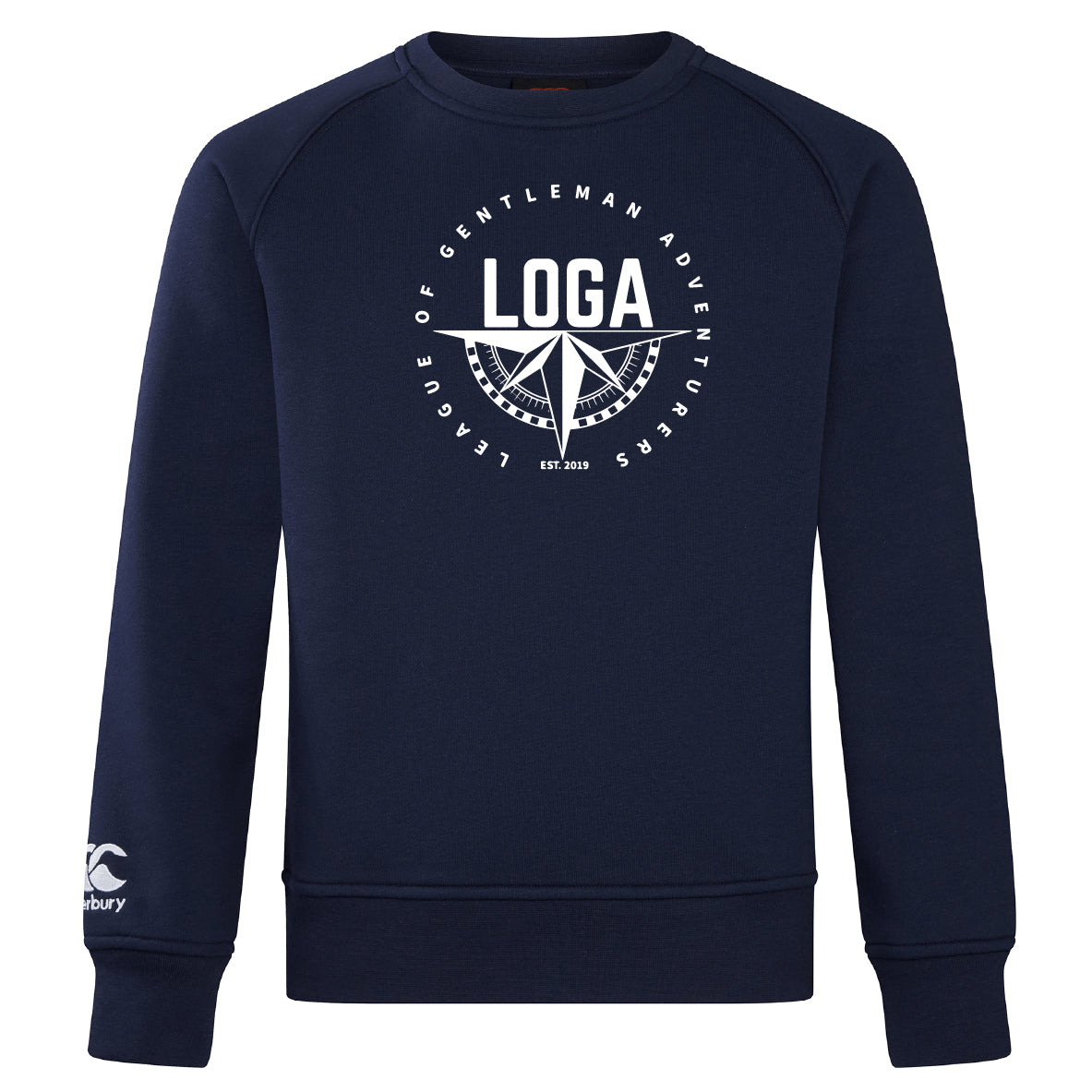 The League of Gentleman Adventurers Club Crew Sweatshirt by WRS Canterbury features ultra-soft navy fabric, a white “LOGA” compass and chest text, plus a small embroidered CCC logo on the sleeve.