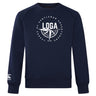 The League of Gentleman Adventurers Club Crew Sweatshirt by WRS Canterbury features ultra-soft navy fabric, a white “LOGA” compass and chest text, plus a small embroidered CCC logo on the sleeve.