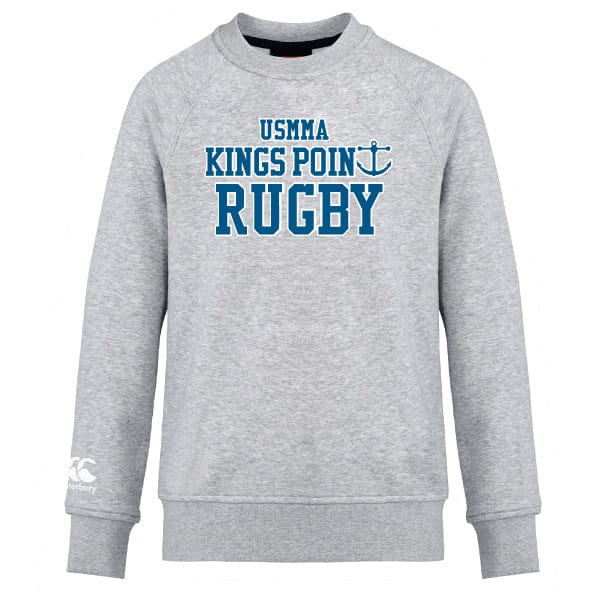 King's Point Rugby Club Crew Sweatshirt by WRS Canterbury, an ultra-soft gray sweatshirt with "USMMA Kings Point Rugby" in blue text and an embroidered anchor logo.