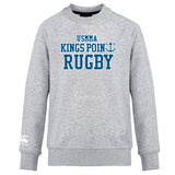 King's Point Rugby Club Crew Sweatshirt by WRS Canterbury, an ultra-soft gray sweatshirt with "USMMA Kings Point Rugby" in blue text and an embroidered anchor logo.