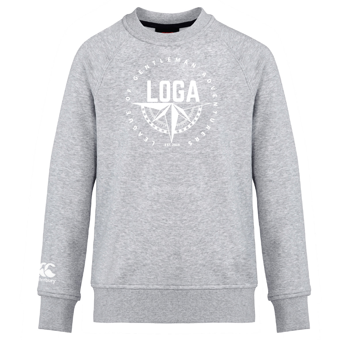 The League of Gentleman Adventurers Club Crew Sweatshirt by WRS Canterbury features light grey fabric, white "LOGA" compass design on the front, ultra-soft feel, and a small embroidered CCC logo on the left sleeve.