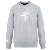 The League of Gentleman Adventurers Club Crew Sweatshirt by WRS Canterbury features light grey fabric, white "LOGA" compass design on the front, ultra-soft feel, and a small embroidered CCC logo on the left sleeve.