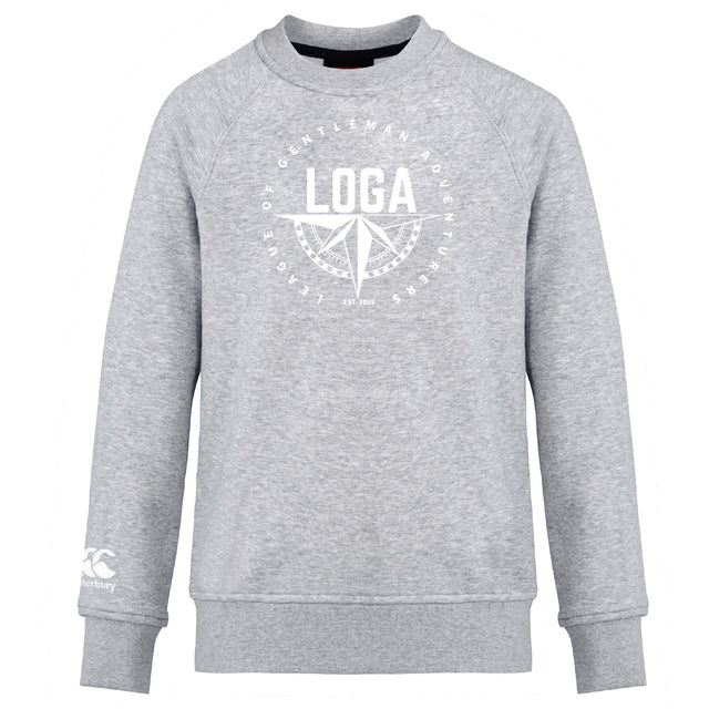 The League of Gentleman Adventurers Club Crew Sweatshirt by WRS Canterbury features light grey fabric, white "LOGA" compass design on the front, ultra-soft feel, and a small embroidered CCC logo on the left sleeve.