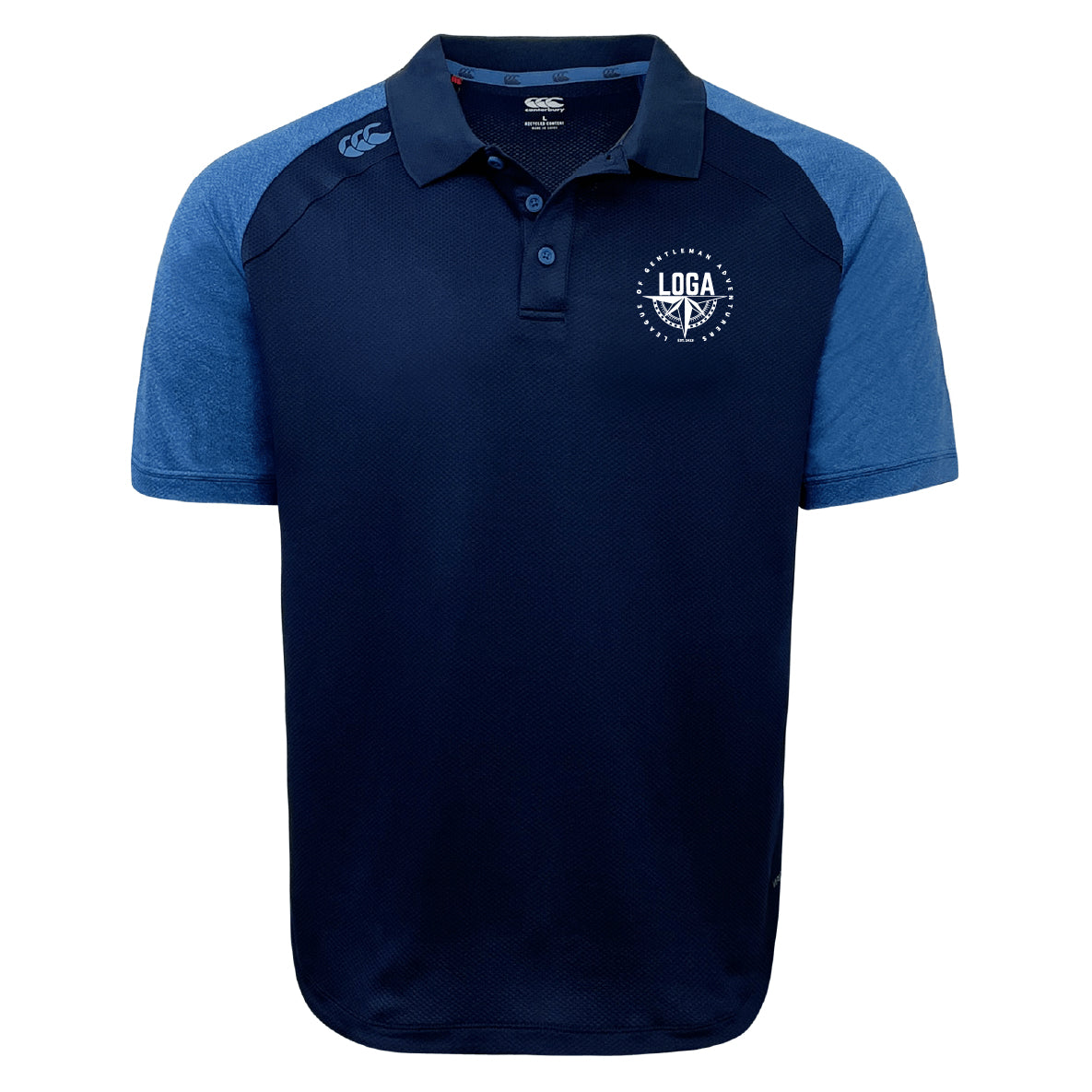 The League of Gentleman Adventurers Elite Polo by EMB Canterbury features navy and lighter blue short sleeves, a collar, buttons, and a white "LOGA" logo. Made with lightweight Vapodri fabric for durability and comfort.