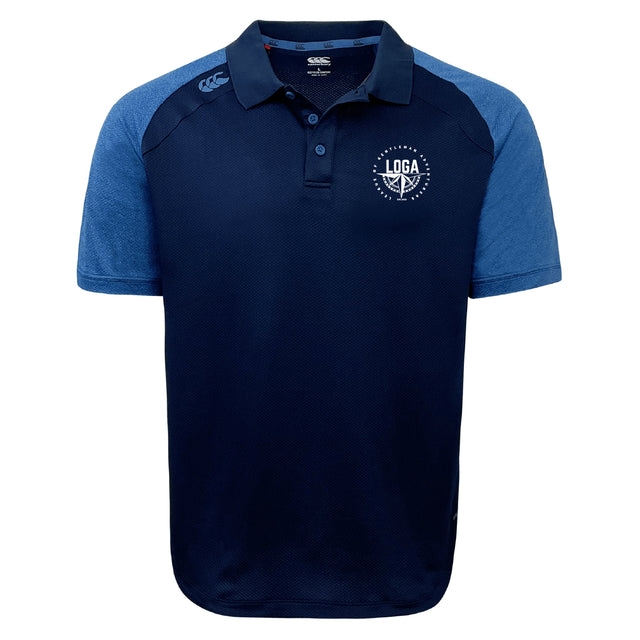 The League of Gentleman Adventurers Elite Polo by EMB Canterbury features navy and lighter blue short sleeves, a collar, buttons, and a white "LOGA" logo. Made with lightweight Vapodri fabric for durability and comfort.