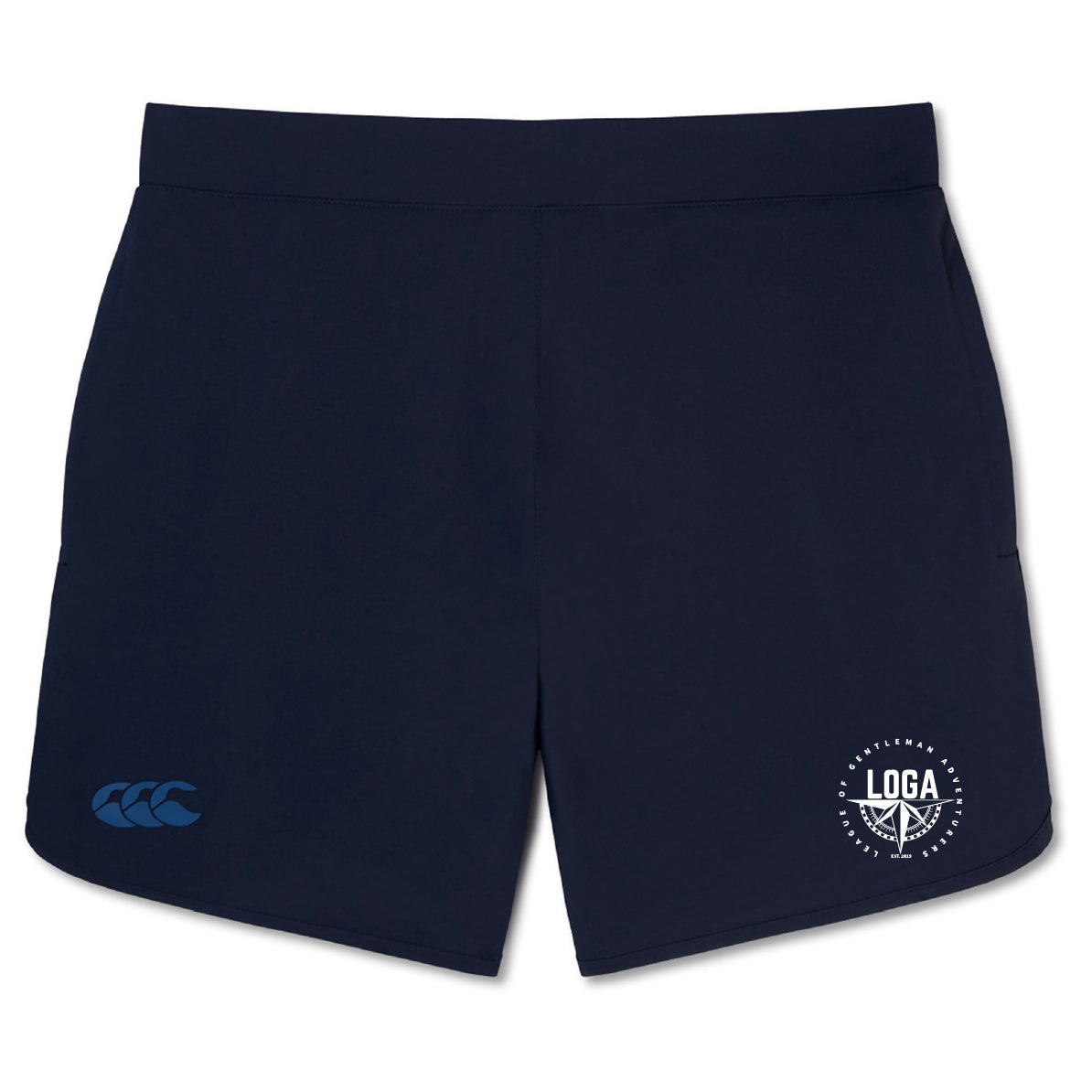 The League of Gentleman Adventurers Women's Elite Woven Short by EMB Canterbury in navy features a Canterbury logo on the left leg and a circular LOGA emblem on the right—ideal for gym or training use.