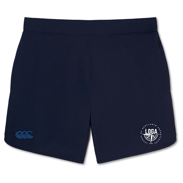 The League of Gentleman Adventurers Women's Elite Woven Short by EMB Canterbury in navy features a Canterbury logo on the left leg and a circular LOGA emblem on the right—ideal for gym or training use.