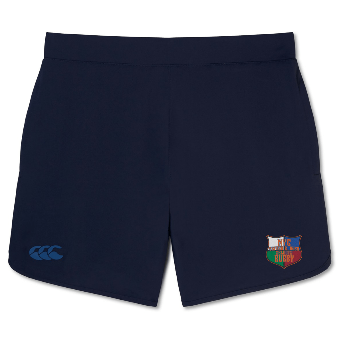 The NYC British and Irish Selects Elite Woven Short by EMB Canterbury in navy blue features the Canterbury logo on the left and a multicolored rugby club emblem on the right, perfect for elevating your training sessions.