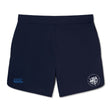 The EMB Canterbury League of Gentleman Adventurers Elite Woven Short in navy blue features a white Canterbury logo on the left leg, "LOGA" emblem on the right, and zippered pockets—ideal training shorts for any workout.