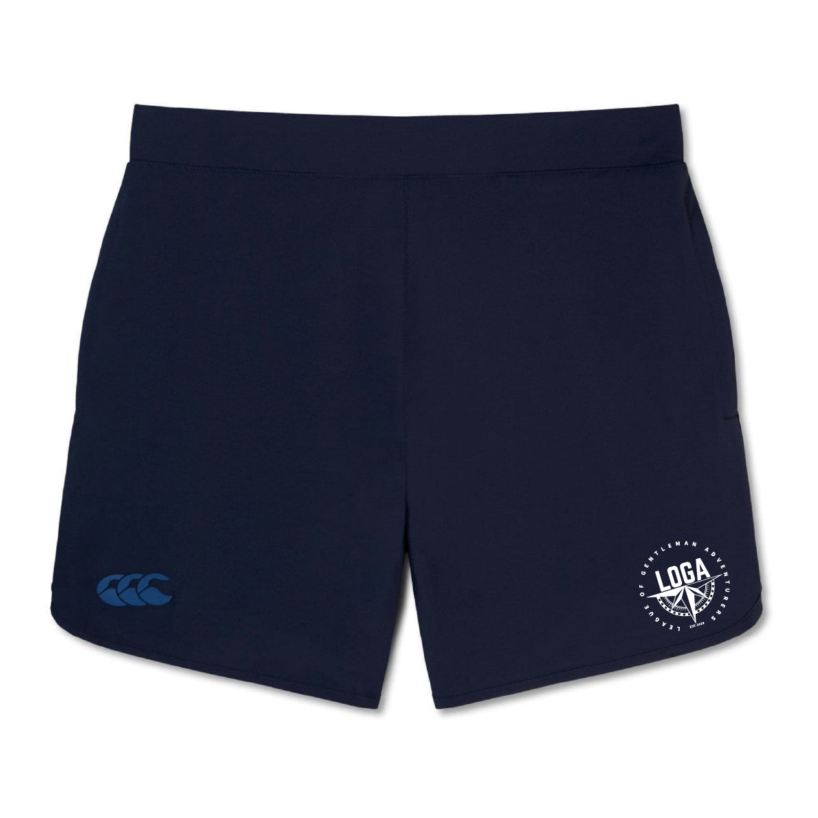 The EMB Canterbury League of Gentleman Adventurers Elite Woven Short in navy blue features a white Canterbury logo on the left leg, "LOGA" emblem on the right, and zippered pockets—ideal training shorts for any workout.