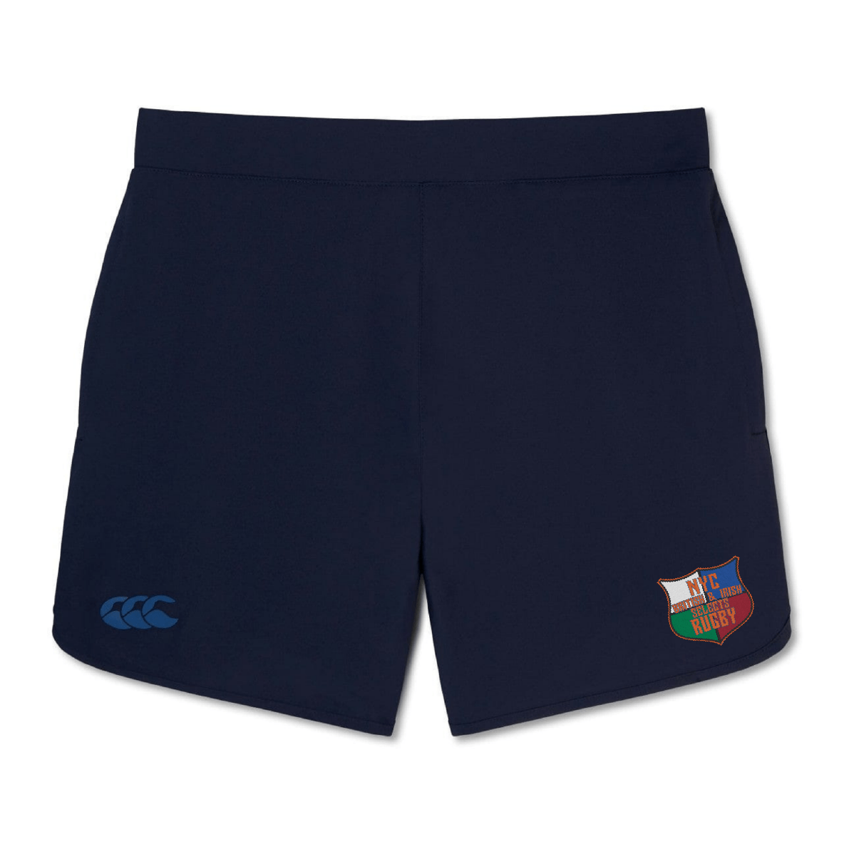 The NYC British and Irish Selects Women's Elite Woven Short by EMB Canterbury are navy rugby shorts with logos on both legs, crafted for lightweight comfort and durability. Ideal for casual wear or intense training, they blend style with performance.