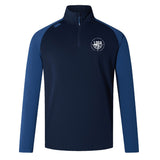 The League of Gentleman Adventurers Elite First Layer by EMB Canterbury is a navy and blue long-sleeve quarter-zip rugby training top with VapoDri technology, a white LOGA logo on the left chest, and a Canterbury logo on the right shoulder.