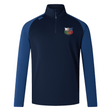 The NYC British and Irish Selects Elite First Layer by EMB Canterbury is a navy and blue long-sleeve athletic pullover with a rugby emblem on the chest and a logo on the shoulder, featuring VapoDri tech. Ideal for Canterbury Elite rugby training, it blends style with performance.