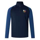 The NYC British and Irish Selects Elite First Layer by EMB Canterbury is a navy and blue long-sleeve athletic pullover with a rugby emblem on the chest and a logo on the shoulder, featuring VapoDri tech. Ideal for Canterbury Elite rugby training, it blends style with performance.