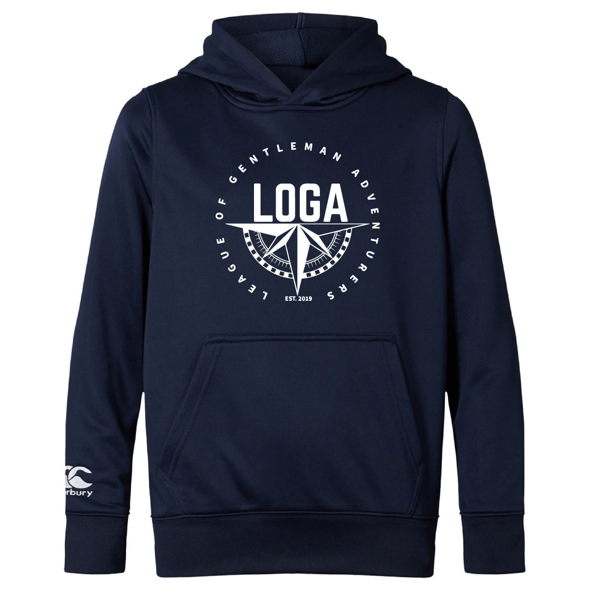 The WRS Canterbury League of Gentleman Adventurers Club Lightweight Hoodie is navy blue with a kangaroo pocket, featuring a white circular "LOGA" logo, compass design, and "League of Gentleman Adventurers" text on the front.