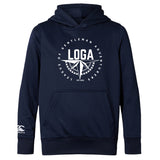 The WRS Canterbury League of Gentleman Adventurers Club Lightweight Hoodie is navy blue with a kangaroo pocket, featuring a white circular "LOGA" logo, compass design, and "League of Gentleman Adventurers" text on the front.
