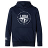 The WRS Canterbury League of Gentleman Adventurers Club Lightweight Hoodie is navy blue with a kangaroo pocket, featuring a white circular "LOGA" logo, compass design, and "League of Gentleman Adventurers" text on the front.
