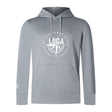 The League of Gentleman Adventurers Club Lightweight Hoodie by WRS Canterbury is light gray with a kangaroo pocket, white "LOGA" circular chest logo, and a small white logo on the left sleeve.