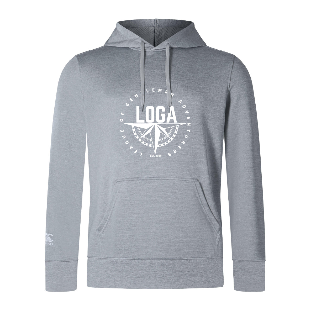 The League of Gentleman Adventurers Club Lightweight Hoodie by WRS Canterbury is light gray with a kangaroo pocket, white "LOGA" circular chest logo, and a small white logo on the left sleeve.