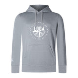 The League of Gentleman Adventurers Club Lightweight Hoodie by WRS Canterbury is light gray with a kangaroo pocket, white "LOGA" circular chest logo, and a small white logo on the left sleeve.