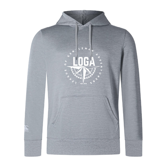 The League of Gentleman Adventurers Club Lightweight Hoodie by WRS Canterbury is light gray with a kangaroo pocket, white "LOGA" circular chest logo, and a small white logo on the left sleeve.