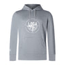 The League of Gentleman Adventurers Club Lightweight Hoodie by WRS Canterbury is light gray with a kangaroo pocket, white "LOGA" circular chest logo, and a small white logo on the left sleeve.
