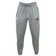 The NYC British and Irish Selects Leisure Sweatpant by EMB Canterbury features gray recycled polyester fleece, a drawstring waist, a white logo on the left hip, and a colorful shield emblem on the right.