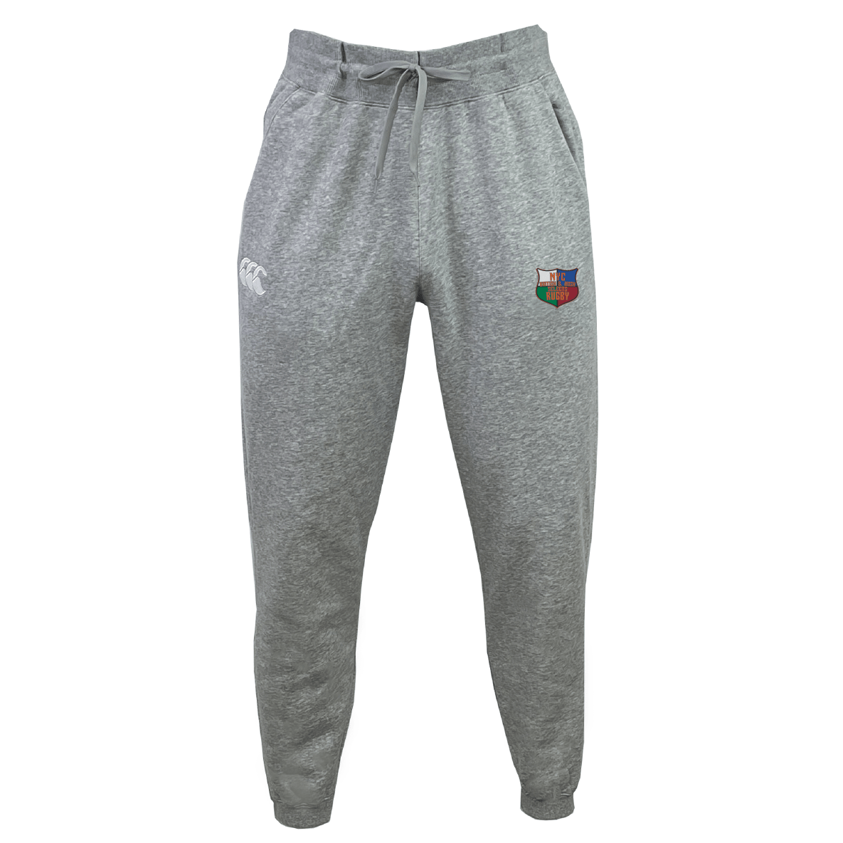 The NYC British and Irish Selects Leisure Sweatpant by EMB Canterbury features gray recycled polyester fleece, a drawstring waist, a white logo on the left hip, and a colorful shield emblem on the right.