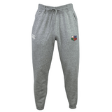 The NYC British and Irish Selects Leisure Sweatpant by EMB Canterbury features gray recycled polyester fleece, a drawstring waist, a white logo on the left hip, and a colorful shield emblem on the right.