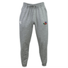 The NYC British and Irish Selects Leisure Sweatpant by EMB Canterbury features gray recycled polyester fleece, a drawstring waist, a white logo on the left hip, and a colorful shield emblem on the right.