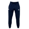 The League of Gentleman Adventurers Leisure Sweatpant by EMB Canterbury features a navy blue design, elastic waistband, drawstring, two white front logos, and is made from soft organic cotton for comfort and sustainability.