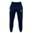 The NYC British and Irish Selects Leisure Sweatpant by EMB Canterbury is navy blue with a logo on the left leg, a white emblem on the right hip, crafted from organic cotton, and features an elastic waistband with drawstrings.