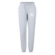 The EMB Canterbury League of Gentleman Adventurers Women's Leisure Sweatpant features light gray organic cotton, a drawstring waist, side pockets, and white printed logos on the left thigh and right hip, shown on a plain white background.