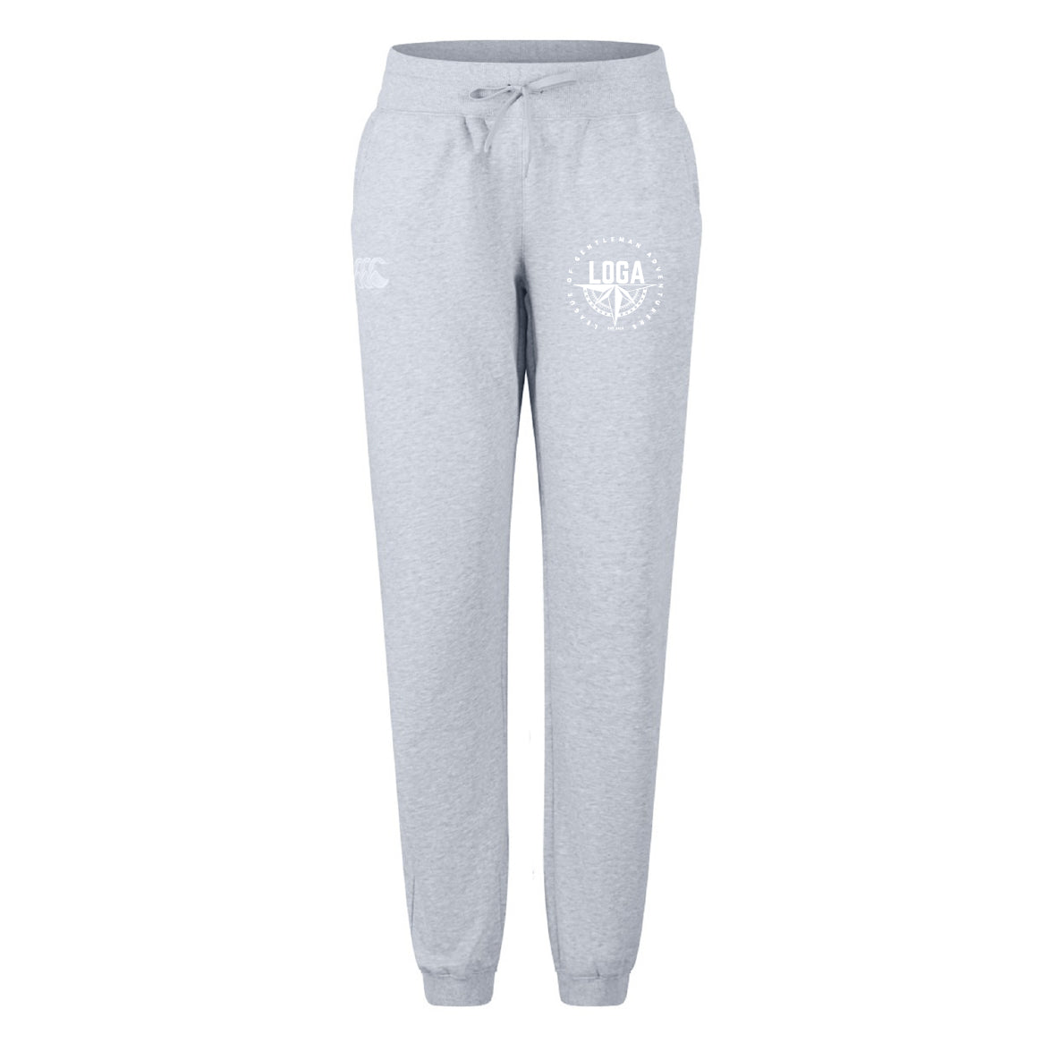The EMB Canterbury League of Gentleman Adventurers Women's Leisure Sweatpant features light gray organic cotton, a drawstring waist, side pockets, and white printed logos on the left thigh and right hip, shown on a plain white background.