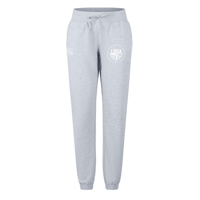 The EMB Canterbury League of Gentleman Adventurers Women's Leisure Sweatpant features light gray organic cotton, a drawstring waist, side pockets, and white printed logos on the left thigh and right hip, shown on a plain white background.