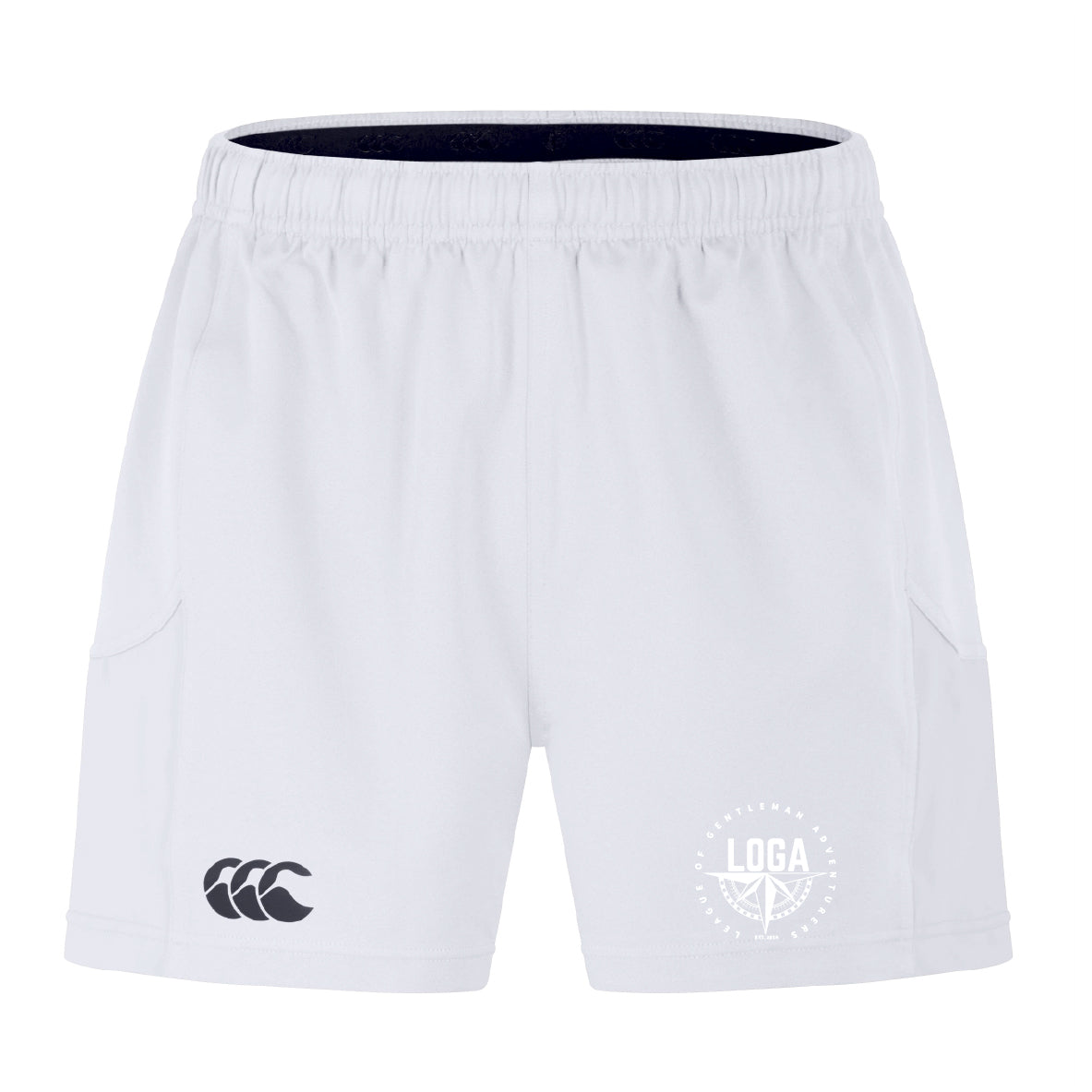 The EMB Canterbury League of Gentleman Adventurers Advantage Short 2.0 features recycled fabric, an elastic waistband, side pockets, and two logos: black on the left leg and white on the right leg.