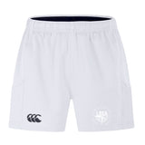 The EMB Canterbury League of Gentleman Adventurers Advantage Short 2.0 features recycled fabric, an elastic waistband, side pockets, and two logos: black on the left leg and white on the right leg.
