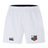 The NYC British and Irish Selects Advantage Short 2.0 by EMB Canterbury are white rugby shorts with a small logo on the right leg and a larger club emblem on the left, crafted for peak performance with an emphasis on sustainability.