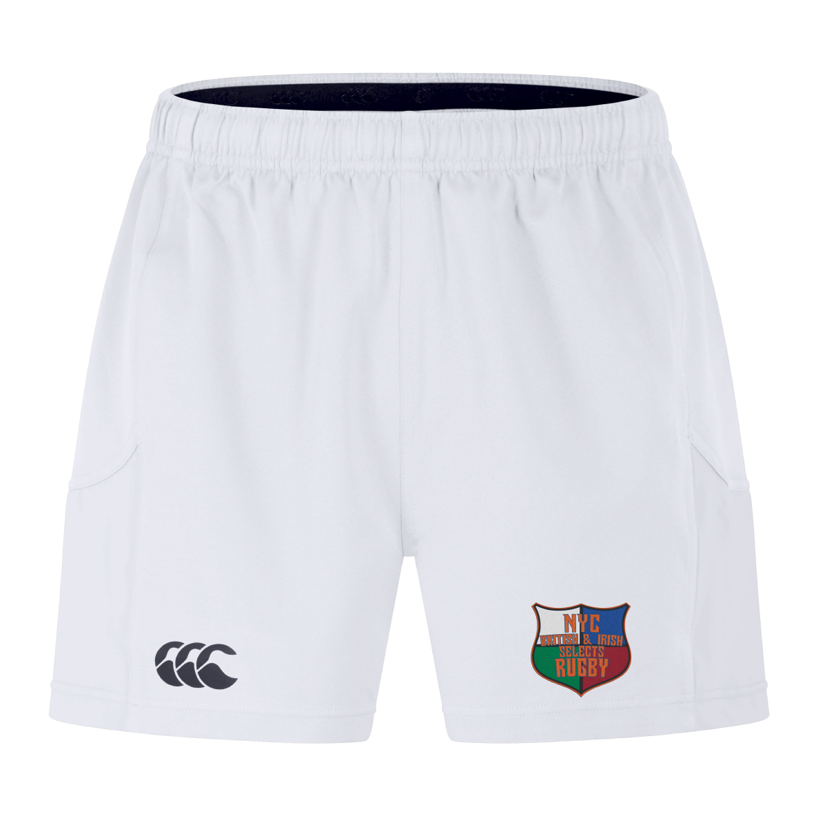 The NYC British and Irish Selects Advantage Short 2.0 by EMB Canterbury are white rugby shorts with a small logo on the right leg and a larger club emblem on the left, crafted for peak performance with an emphasis on sustainability.