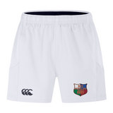 The NYC British and Irish Selects Advantage Short 2.0 by EMB Canterbury are white rugby shorts with a small logo on the right leg and a larger club emblem on the left, crafted for peak performance with an emphasis on sustainability.
