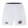 The NYC British and Irish Selects Advantage Short 2.0 by EMB Canterbury are white rugby shorts with a small logo on the right leg and a larger club emblem on the left, crafted for peak performance with an emphasis on sustainability.