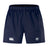 The EMB Canterbury League of Gentleman Adventurers Advantage Short 2.0 is a navy blue athletic short with an elastic waistband, side pockets, two white front logos, and sustainable recycled materials for eco-friendly style.