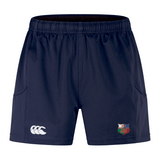 The NYC British and Irish Selects Advantage Short 2.0 by Canterbury, in navy blue, features a white embroidered logo on the right and a colorful emblem on the left. Designed for performance and sustainability by EMB Canterbury, they provide style and function for any athletic endeavor.