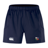 The NYC British and Irish Selects Advantage Short 2.0 by Canterbury, in navy blue, features a white embroidered logo on the right and a colorful emblem on the left. Designed for performance and sustainability by EMB Canterbury, they provide style and function for any athletic endeavor.
