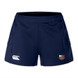 The NYC British and Irish Selects Women's Advantage Short 2.0 by EMB Canterbury are navy blue rugby shorts with the CCC logo and a multicolored shield emblem on the right, designed for freedom of movement.