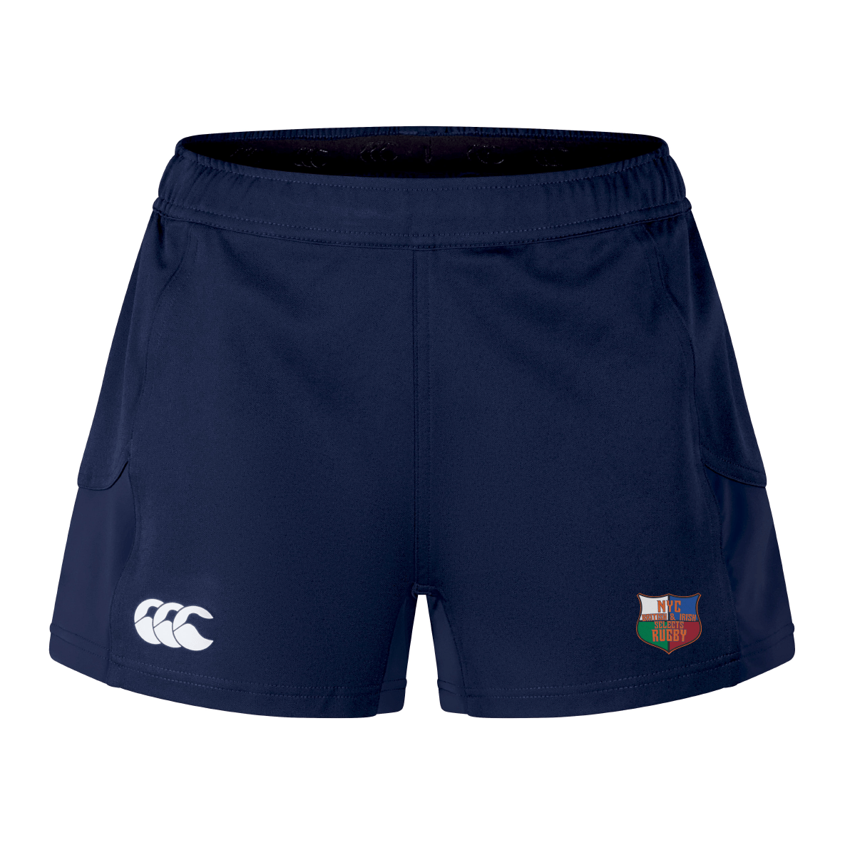 The NYC British and Irish Selects Women's Advantage Short 2.0 by EMB Canterbury are navy blue rugby shorts with the CCC logo and a multicolored shield emblem on the right, designed for freedom of movement.