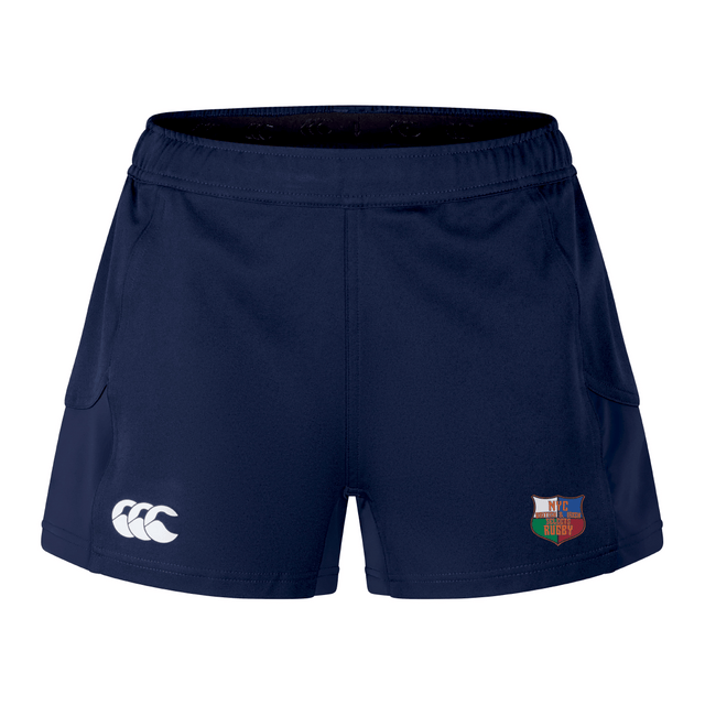 The NYC British and Irish Selects Women's Advantage Short 2.0 by EMB Canterbury are navy blue rugby shorts with the CCC logo and a multicolored shield emblem on the right, designed for freedom of movement.