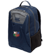 The NYC British and Irish Selects Medium Backpack by EMB Canterbury features a rugby logo, side mesh pocket, and ergonomic shoulder straps for comfort. Crafted from durable polyester Vaposhield in blue and gray, it's designed to withstand the elements.