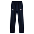 The NYC British and Irish Selects Stretch Tapered Pant by EMB Canterbury is navy blue with a logo on the left, "CCC" branding on the right, and an elastic waistband, ideal for enhanced workout performance.
